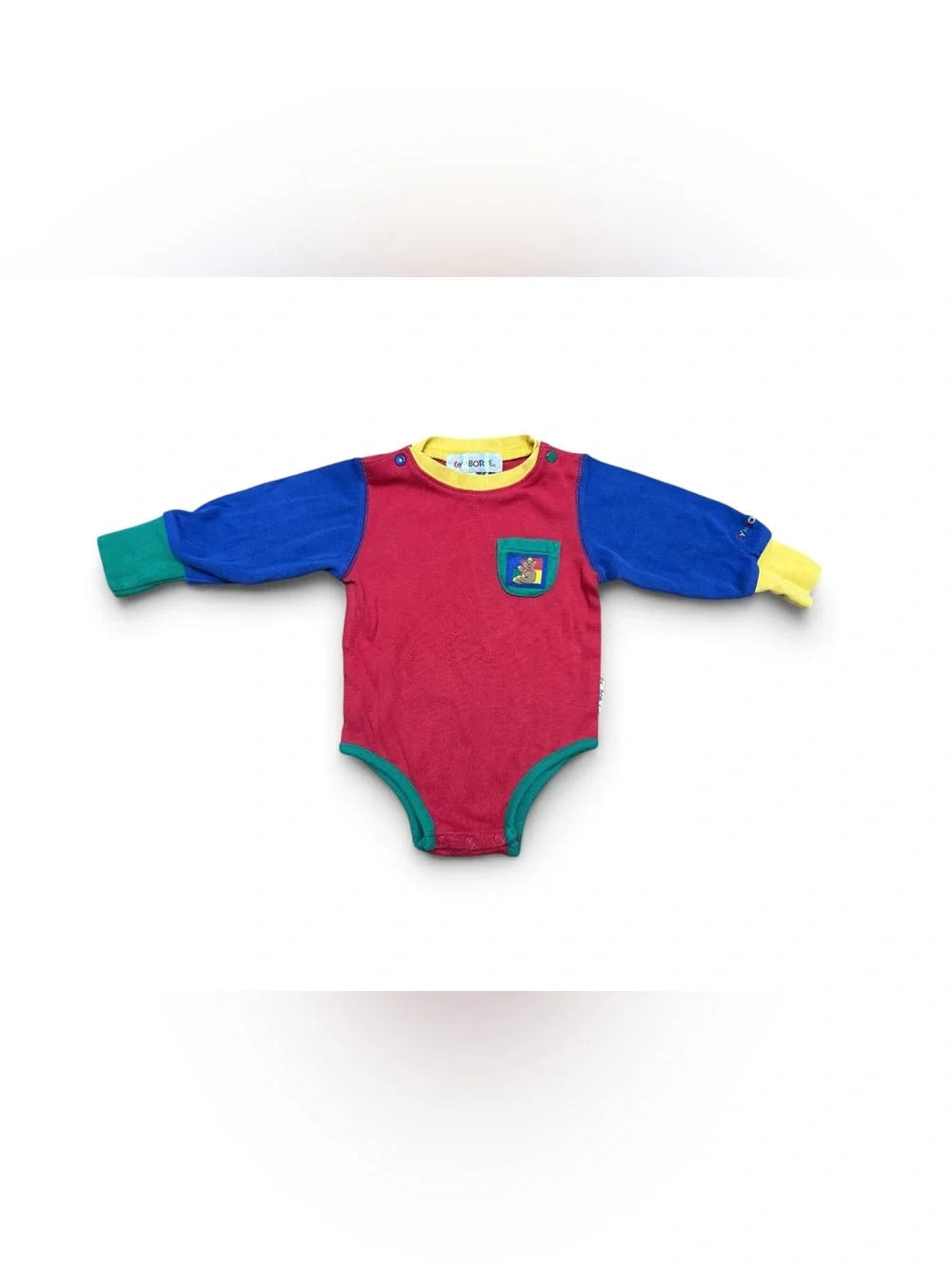 Vintage 90s Gymboree Colorblock Long Sleeve One Piece Teddy Bear Pocket